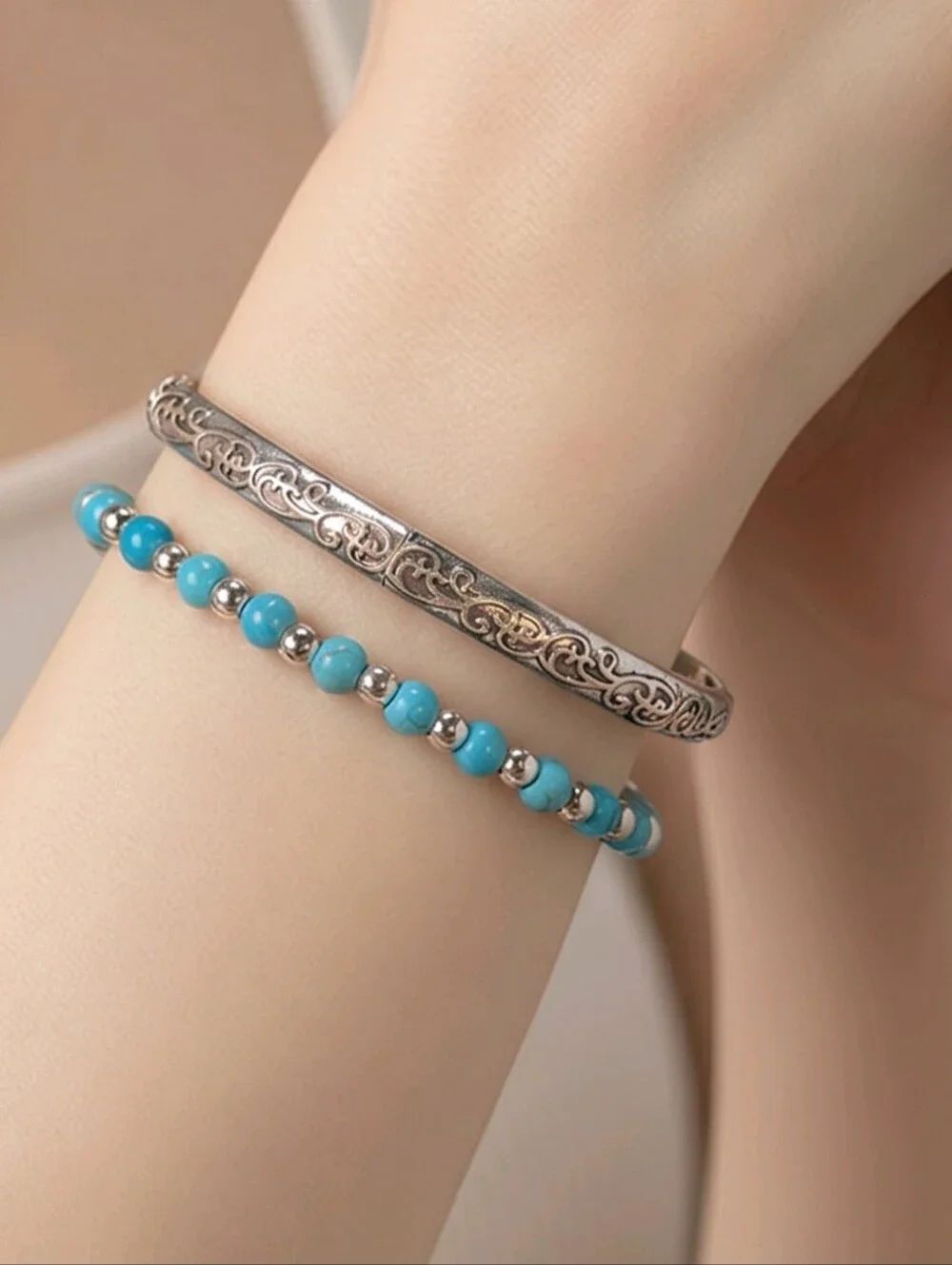 Turquoise Beaded Bracelet Set Silver Filigree Boho Stack Bangles Western Chic